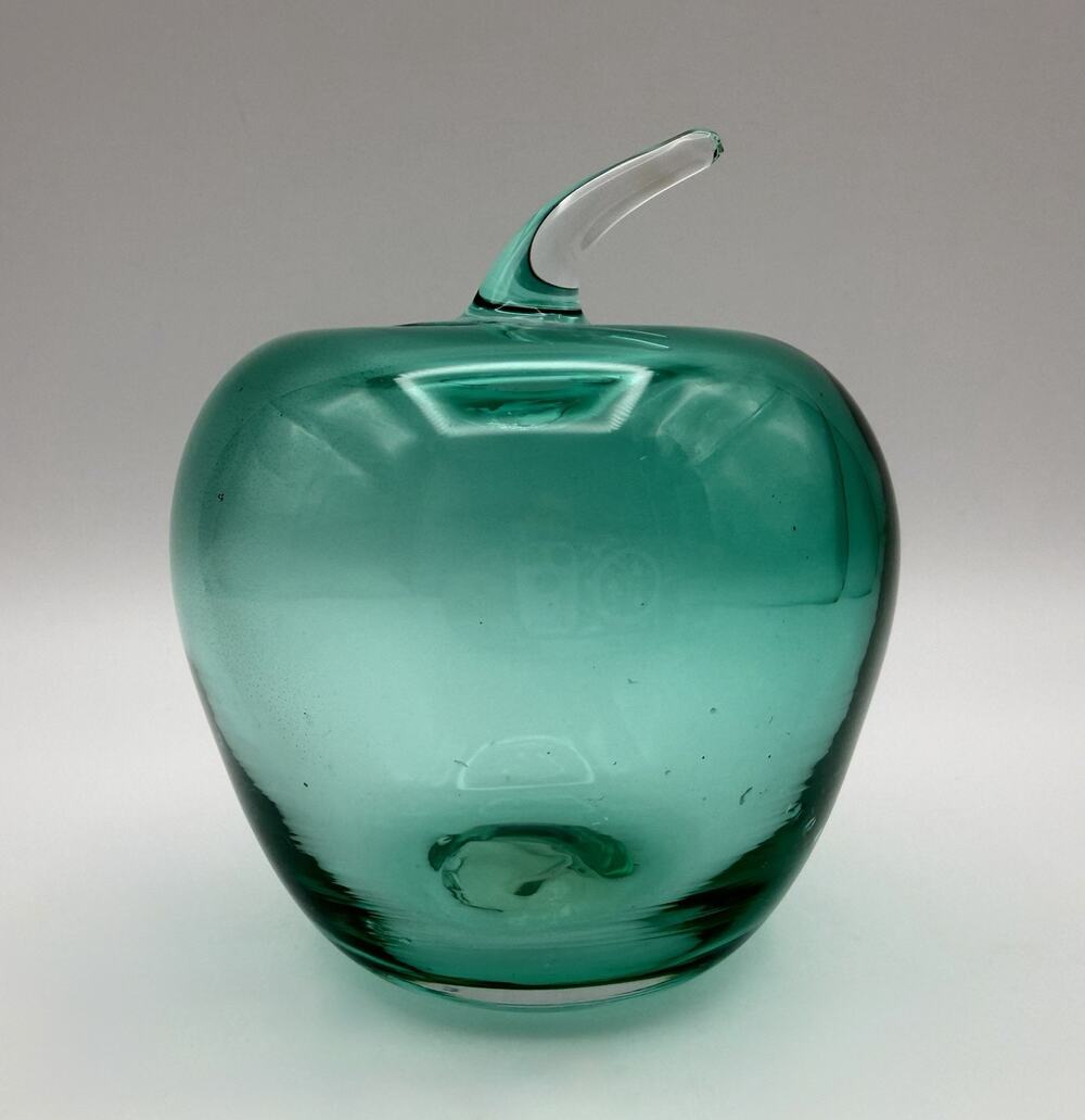 Blenko Teal Green Art Glass Apple Paperweight 4.5” Figurine Hand Blown MCM